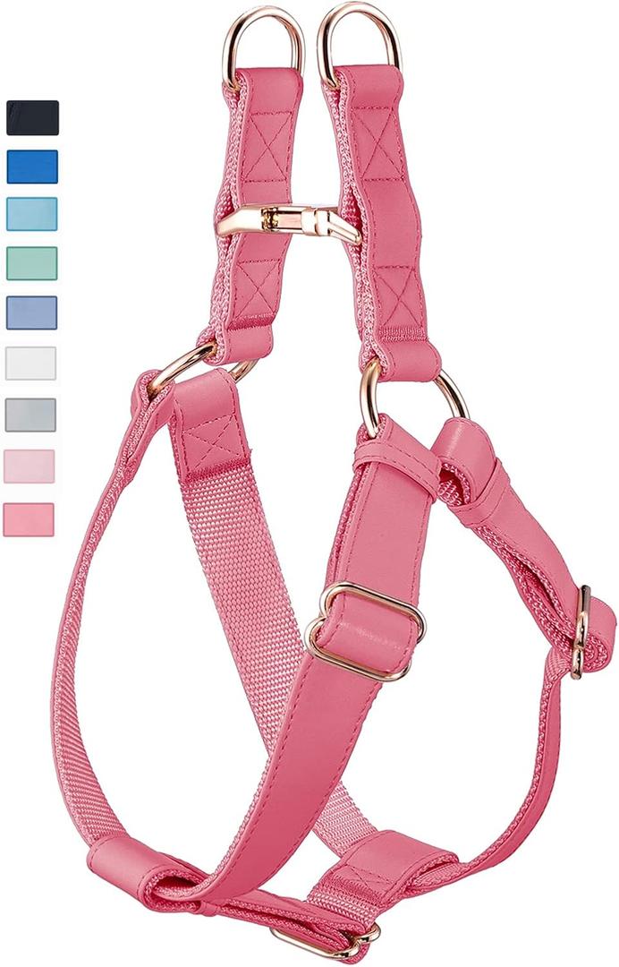 Soft Leather No Pull Dog Harness - Adjustable Step in Dog Harness with Rose Gold Heavy Duty Metal Buckle, Freedom Nylon Dog Halter Vests for Small Medium Large Dogs Easy Walking Training M, Dark Pink