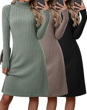 3 Pack Women's Turtleneck Sweater Dress Long Sleeve Casual Fall Winter Ribbed Knit A Line Tunic Dresses