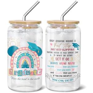 9BUTERFLY Cute, Graduation Castle, Glass Cup Tumbler 16 Oz With Lid And Straw, Graduation Gifts, Cute Bamboo Lid Straw Blue Decorations Glass Cup Heart Coffee Glass Mug Iced