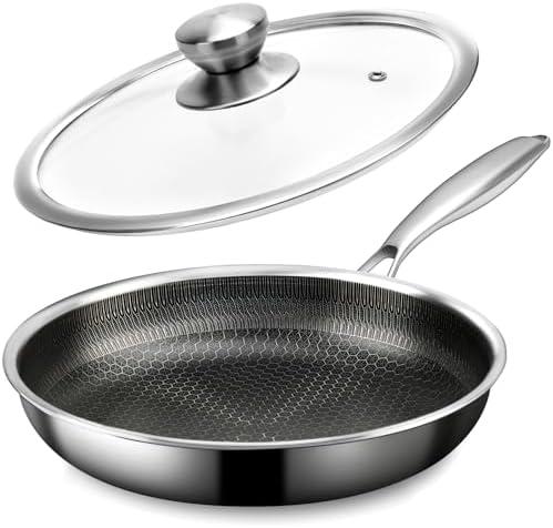 Stainless Steel Frying Pan with Lid, 8 Inch Honeycomb Non Stick Frying Pan, Small Stainless Steel Nonstick Pans W/Lid, Safe Nonstick Skillet Egg Omelete Pans, Oven Safe, Induction Compatible,PFOA Free
