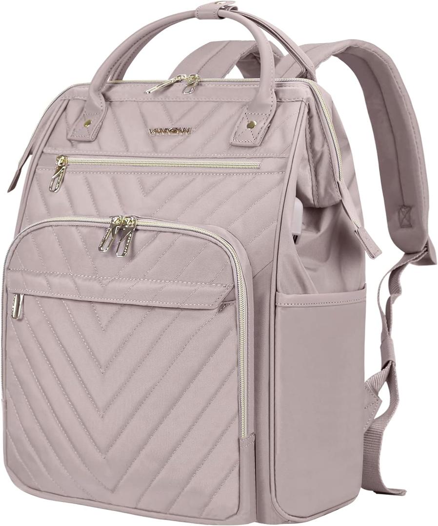VANKEAN 17 Inch Laptop Backpack for Women Men Fashion Computer Work Bag, Large Capacity Waterproof Backpack with USB Port & RFID Pockets, College Daypack Business Travel Backpack, Light Dusty Pink