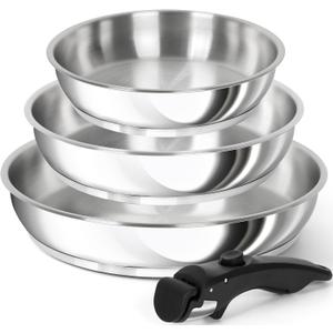 Stainless Steel Frying Pan Set, Cooking Pans with Removable Handle, Triply Base Stainless Steel Pan Set, Induction Compatible Skillet- 8" & 9.5" & 11" 