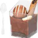 Ilyapa 3oz Plastic Dessert Cups - 100 Pack Mini Dessert Cups with Spoons - Small Clear Reusable for Cheesecake Shooters, Chocolate Mousse, Parfait - Party and Catering Supplies - Slanted