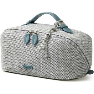 EACHY Makeup Bag, Woven Travel Toiletry Bag, Portable 180 Wide-Open Flat Cosmetic Bags for Women, Large Capacity Makeup Pouch with Divider and Handle