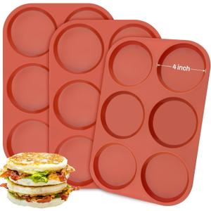 Ocmoiy 4 Inch Silicone Egg Mold for Breakfast Sandwiches, 3 Pack Non-Stick Silicone Jumbo Muffin Top/Hamburger Bun Pan Eggs Bites Molds for Oven Baking Egg Patty, Pancake, Frittata