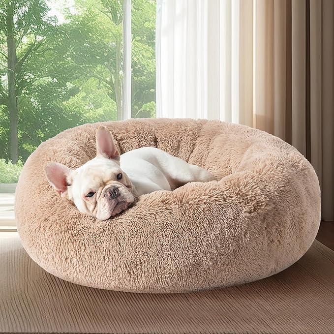 Bedsure Calming Dog Bed Medium Size Dog - Donut Washable Medium Pet Bed, 30 inches Anti-Slip Round Fluffy Plush Faux Fur Cat Bed, Fits up to 45 lbs Pets, Camel