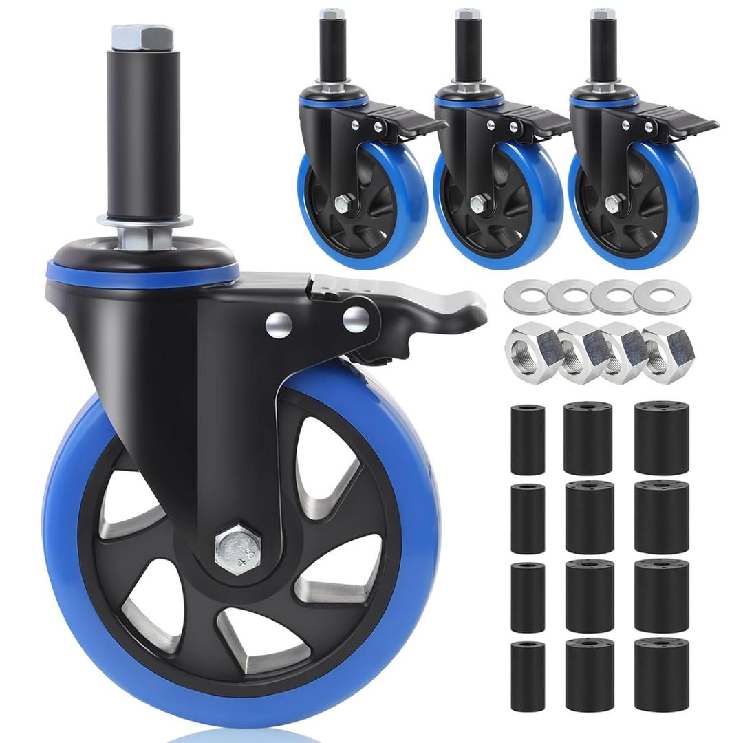 Enyke 5 Inch Prep Table Cater Wheels Set of 4, Threaded Swivel Expanding Stem Casters with Brake Fit 7/8", 1", 1-1/2", or 1-5/8" ID Tube Leg for Stainless Steel Table, Cart