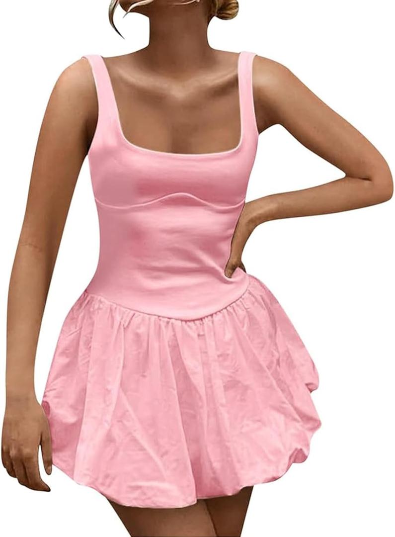 Women Puffy Bubble Hem Mini Dress Sleeveless Sexy Summer Going Out Clubwear (Small, Pink)