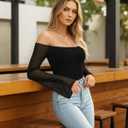 MANGOPOP Womens Off The Shoulder Bodysuit Mesh Bell Sleeve Body Suit Sexy Going out Fall Backless Tops 2025 (Black, M)