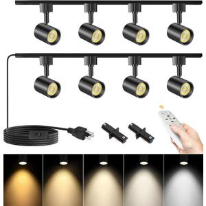 Plug in Track Lighting with Remote, 8-Light Track Light with Plug in Cord, LED Track Lighting Kit with H Track Rails, Dimmable Track Lighting Fixtures Ceiling Spotlight, Black