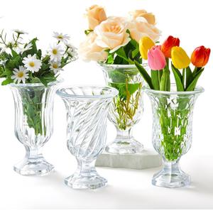 4 Pcs Flower Vase for Centerpieces (H: 7" W: 4") Pedestal Vintage Embossed Big Base Vase Crystal Thickened Glass Containers Bulk for Wedding Table Decorations Centerpieces (Vintage Style)