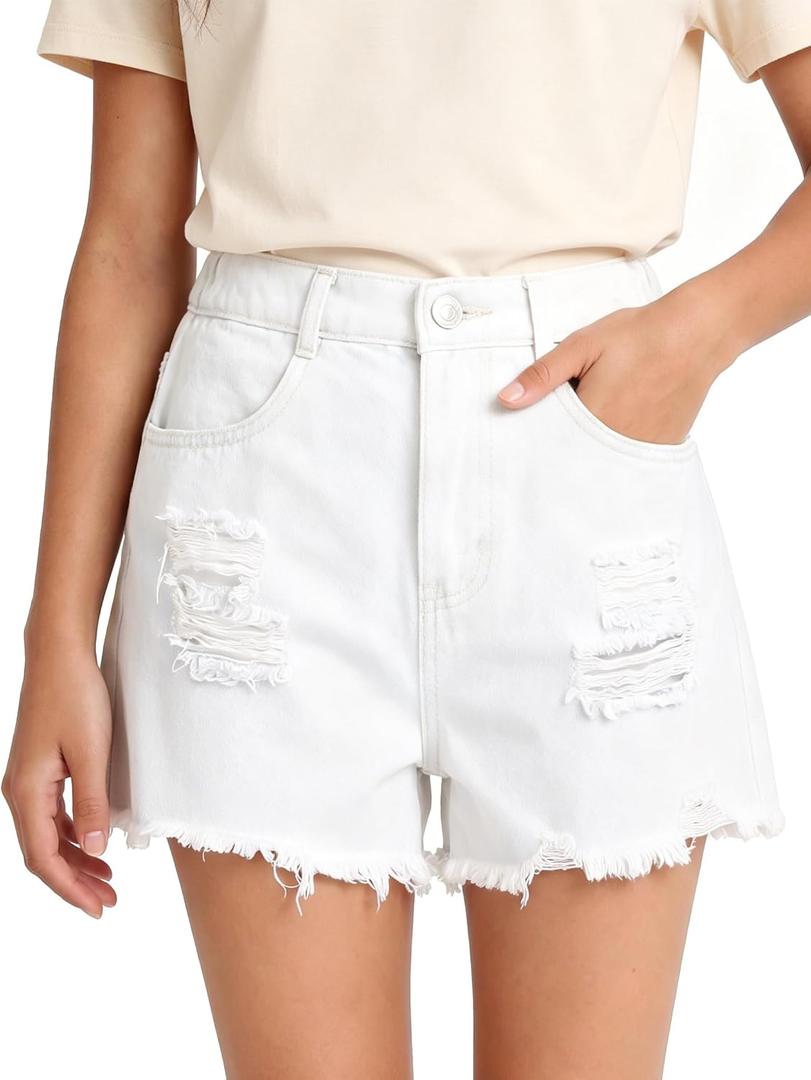 PATPAT Girls Ripped Jean Shorts, Y2K Vintage Mid Waist Straight Leg Denim Shorts with Elastic Waistband & Frayed Hem (White)10-12Y