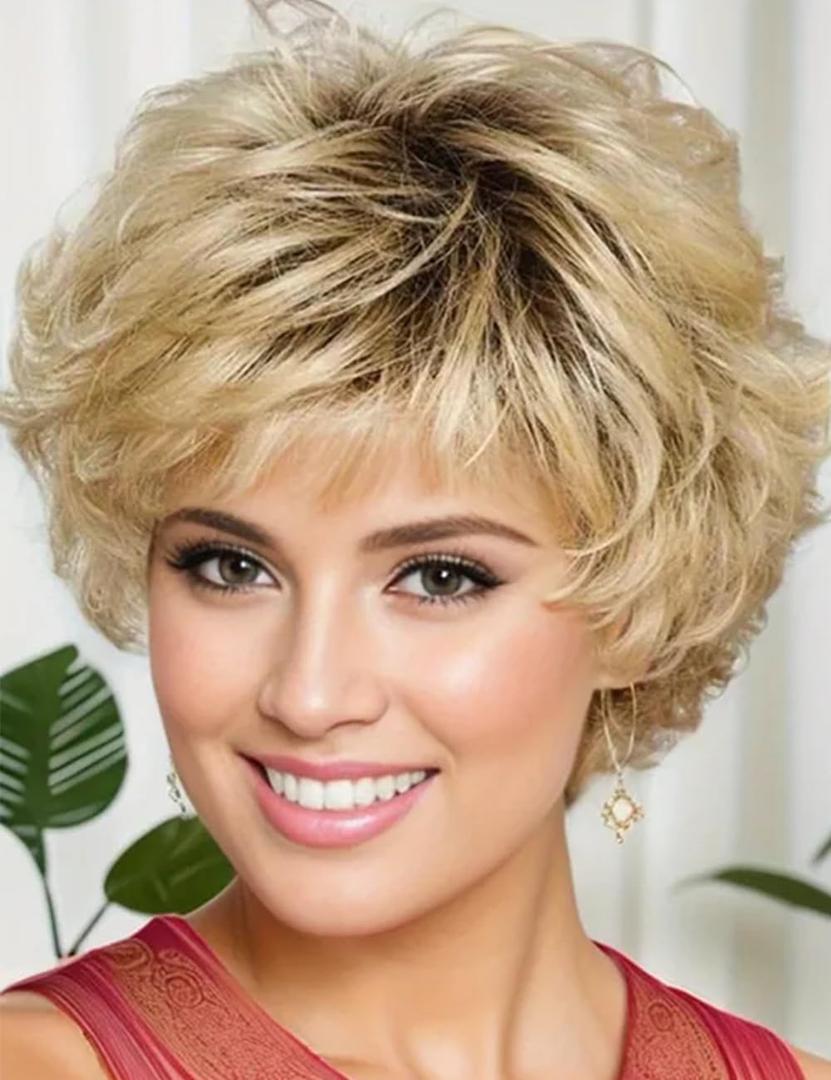 TISHINING Short Blonde Curly Wigs for White Women Layered Ombre Blonde Pixie Cut Wig with Bangs Natural Looking Synthetic Full Wigs for Daily Party