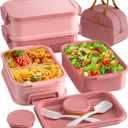 KEMETHY Adults Bento Lunch Box Set with Thermo Bag, 74oz Stackable Leak-proof 3-tiers Bento Box, Built-in Utensil and Sauce Container for Work, School, Dining Out (Pink) 2 Pack