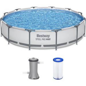 Bestway Steel Pro MAX 12 Foot by 30 Inch Round Above Ground Swimming Pool Set Outdoor Metal Frame Family Pool with Filter Pump, Gray