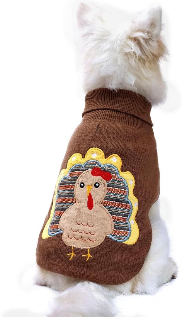 Hotumn Classic Knit Dog Sweater with Hole - Thanksgiving Turkey Pattern - Warm Winter Pet Clothes for Small Dogs (Small)
