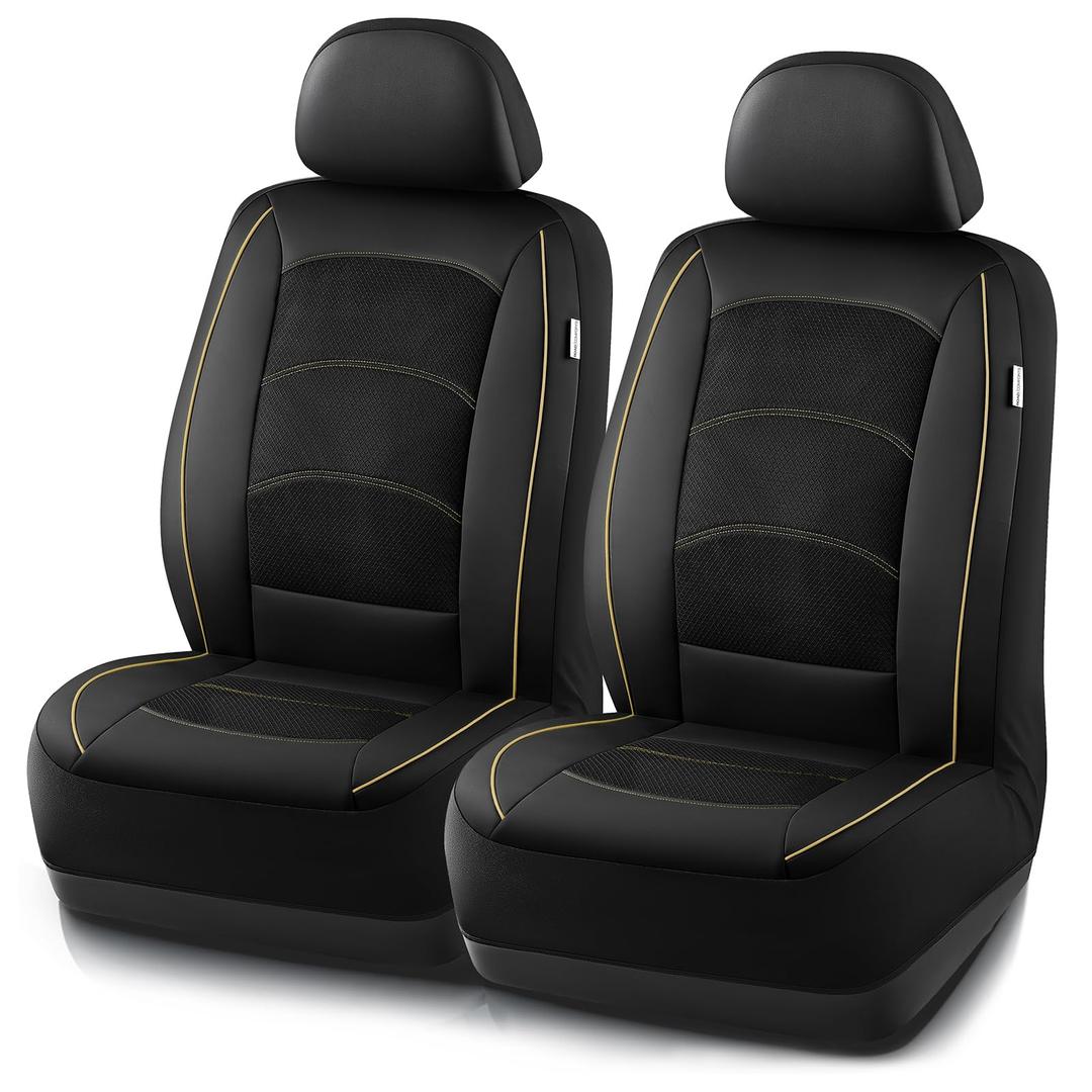 Road Comforts Car Seat Covers, Leather Seat Covers with Piping, Air-Cool Mesh Designed, Airbag Compatible Automotive Front Seat Covers for Most Car, Truck, Van, SUV - Black with Black Piping