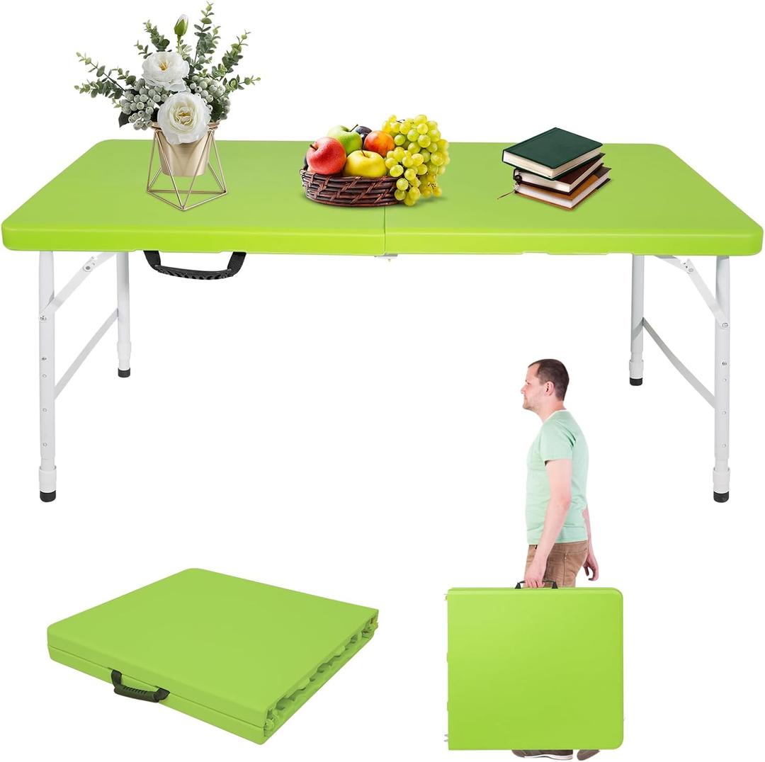 Portable 4Ft Folding Table, Heavy Duty Plastic Fold-in-Half Utility Foldable Table Small, Adjustable Height Plastic Folding Table with Carrying Handle for Camping & Party Indoor/Outdoor(Green)