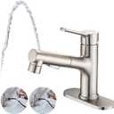 Bathroom Sink Faucet with Pull Out Sprayer, Single Handle Modern Bathroom Basin Faucet with Pop-up Sink Drain Stopper & Deck Plate 1 or 4-inch Centerset 3 Hole, Brushed Nickel
