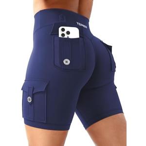 YEOREO CoreFlex Women Workout Biker Shorts with Cargo Pockets Hidden Scrunch High Waisted 8" Inseam Gym Shorts S