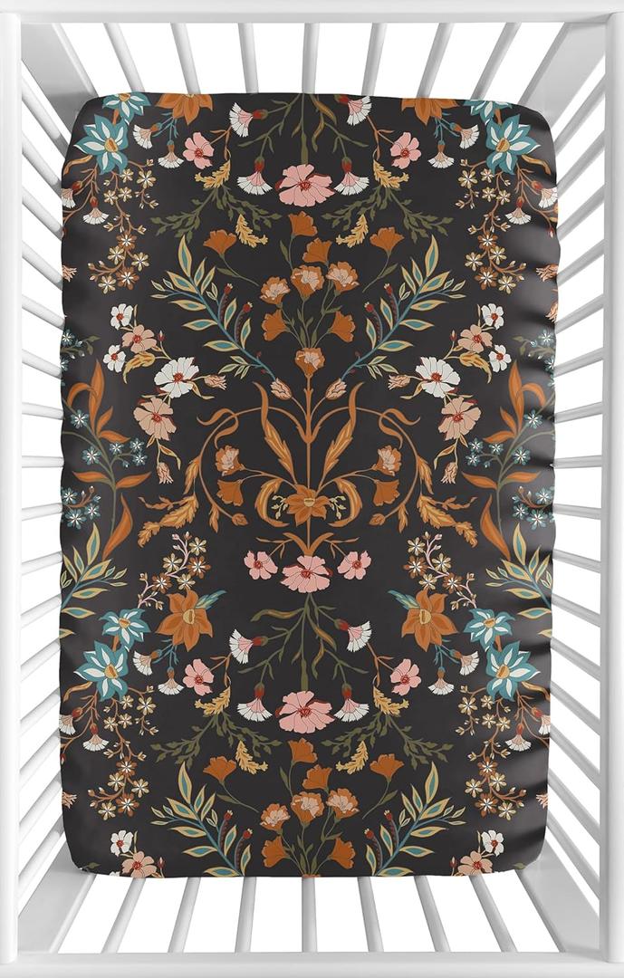 Sweet Jojo Designs Boho Wildflower Vintage Floral Girl Fitted Mini Crib Sheet Baby Nursery Infant Newborn Bed Room Portable Pack n Play Mattress Black Orange Bohemian Farmhouse Botanical Cottagecore