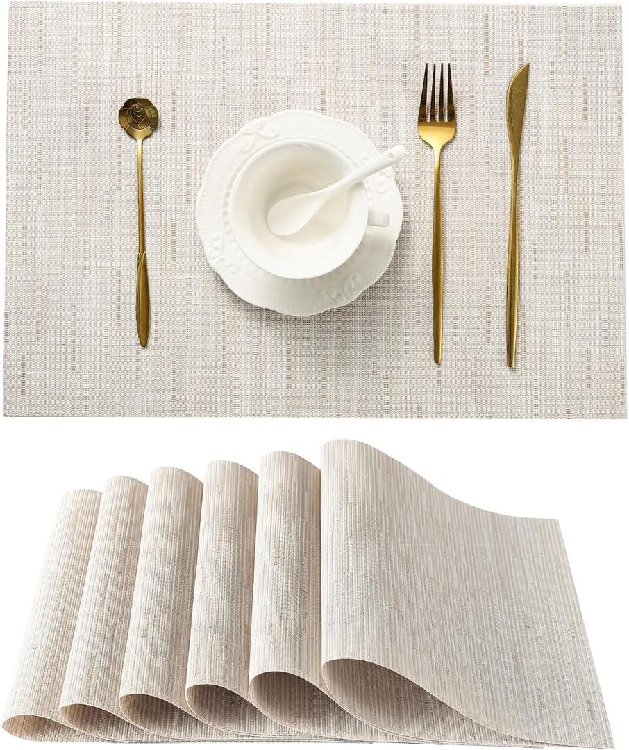 Leetaltree Pale Beige Placemats Set of 6 - Heat Resistant Non-Slip Place mats for Dining Table, Washable Durable PVC Vinyl Woven Table MatsPale Beige, 6