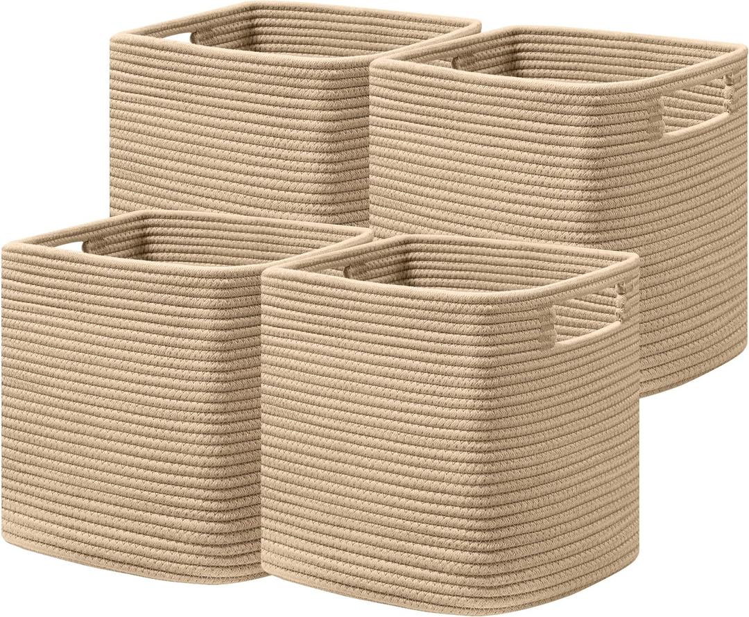 UBBCARE Set of 4 Storage Basket-11 X 10.5 X 10.5 In, Cotton Rope Basket for Shelves, Toys, Book, Cube Storage Bins with Handles, Woven Storage Baskets for Organizing, Brown