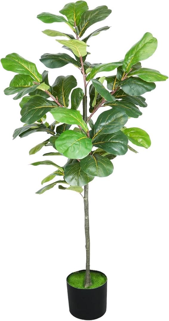 Artificial Fiddle Leaf Fig Tree, 5FT Fake Ficus Trees Lyrata Plant Tall Faux Floor Plants for Home Living Room Decor,Artificial Silk Green Tree with Pot Indoor Outdoor Office Kitchen Garden Decoration