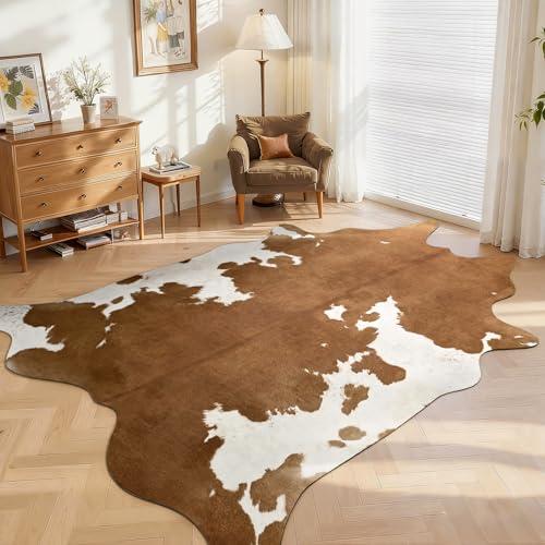 DweIke Faux Cowhide Print Rug for Living Room, 3 x 4 ft Brown Western Animal Cow Hide Rugs, Non Slip Cool Cow Skin Carpet for Bedroom Dining Room Farmhouse Entrance Home Decor, Tan
