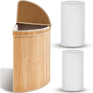 Gueevin Corner Laundry Hamper with Lid and 2 Removable Cloth Liners Bamboo Corner Laundry Basket Collapsible Clothes Basket Storage Bin for Bedroom Bathroom Living Room (Wood Color)