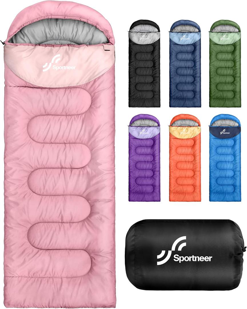 Sportneer Sleeping Bag for Adults & Kids, Cold Weather & Warm Waterproof Camping Sleeping Bag, Compact Portable for Camping Hiking & Travel (3.3lbs, 50-80, Pink)
