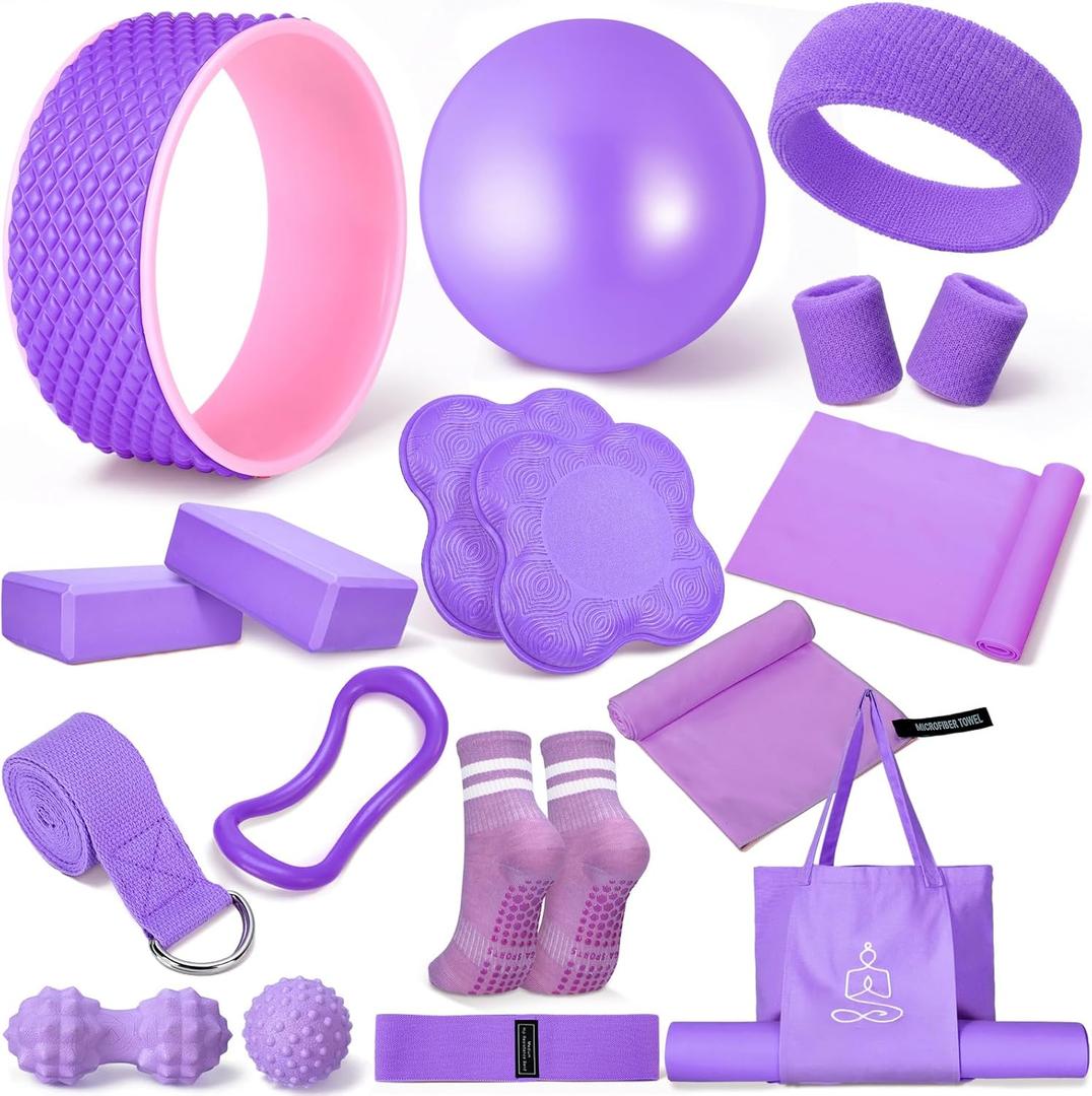 17 Pcs Yoga Essential Kit for Women, Pilates Equipment Starter Set for Beginners with Yoga Wheel Ball Blocks Strap Resistance Bands Wrist Rings Socks Towel & Carry Bag for Home Workouts (Purple)