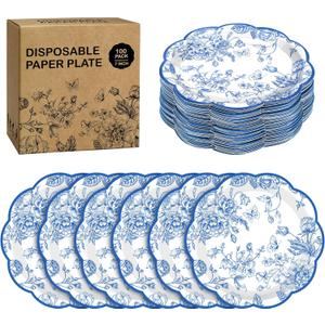 100 Pieces Blue Flower Paper Plates 7 Inches Disposable Floral Paper Plates Scalloped Blue Chinoiserie Vintage Flower Dessert Plate for Wedding Birthday Holiday Party Decor Supplies