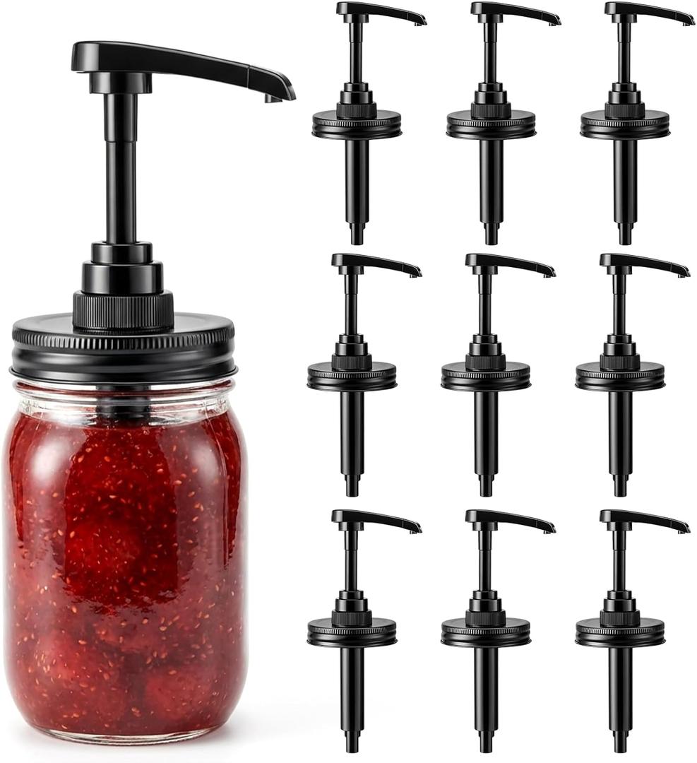 10 Pcs Mason Jar Syrup Dispenser Pump Lids, Coffee Syrup Dispenser for Regular Mouth Mason Jars with Labels Rustproof Food Grade Plastic Honey Pump for Honey Liquid Condiments Coffee Glaze