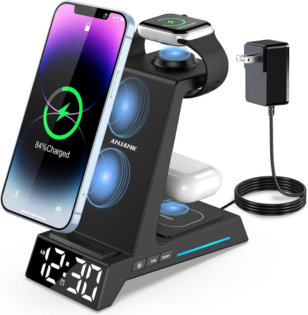 Wireless Charging Station - 4 in 1 Wireless Charger with Alarm Clock, Charging Stand Dock for iPhone 16 15 14 13 12 11 X 8, for AirPods 3 Pro, Apple Watch 9/8/7/6/5/SE/4/3/2 (Black)