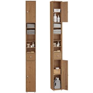 SoBuy Bathroom Narrow Storage Cabinet Skinny Tall Unit with Adjustable Shelves Slender Anti-Tipping Floor Standing Cupboard, Natural BZR34-PF, Color: Natural