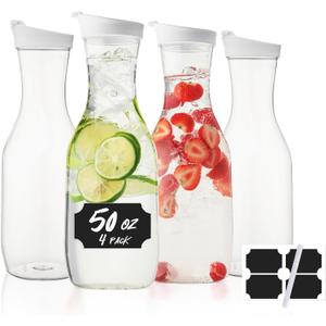 Water Carafe with Lid, 50 Oz Round Plastic Pitcher for Drinks, Milk, Mimosa Bar Supplies, Iced Tea, Juice Containers with Lids for Fridge, BPA-Free, NOT DISHWASHER SAFE, 4 Pack