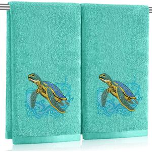 2 Pcs Sea Turtle Hand Towels Teal Bathroom Decor 14x29 Inch Embroidered 100% Cotton Soft Absorbent Spring Summer Decorative Hand Towels for Bathroom Kitchen (Blue-green)