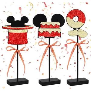 BAOOOFUL Red Gold Glitter Centerpieces for Mouse Theme Birthday Decorations,Wooden Signs Red Mouse Table Topper,Birthday Table Decorations for B-Day Party Decor and Party Favor(3 Pcs)