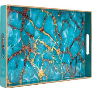 MAONAME Rectangle Decorative Tray, Plastic Serving Tray with Handles, Tempered Glass Coffee Table Trays and Serving Trays for Ottoman, Bathroom, 15.6” x 10.2”, Blue-1
