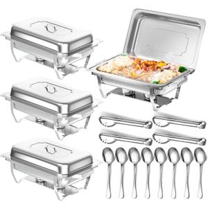 Chafing Dishes for Buffet, 8 Qt High Grade Chafing Dish Buffet Set, Rolled-Edge Design Food Warmers for Parties, Buffet, Wedding, Birthday, Camping 4 Pack 4 Pans [Silver]