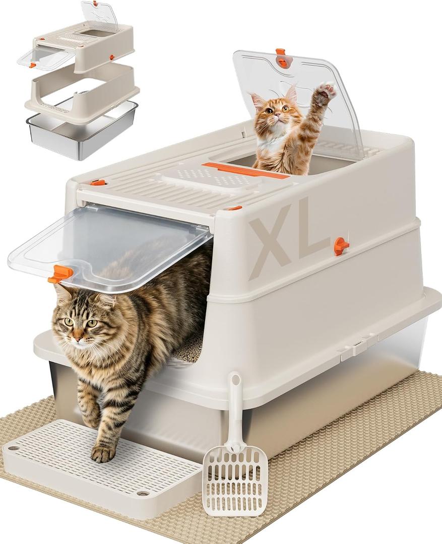 Stainless Steel Litter Box with Flip Lid, XL Extra Large Cat Litter Box with High Sided Top Entry Design, Anti-Leakage Enclosed Metal Litterbox for Big Cats, with Handle, Mat, Pedal & Scoop, Beige