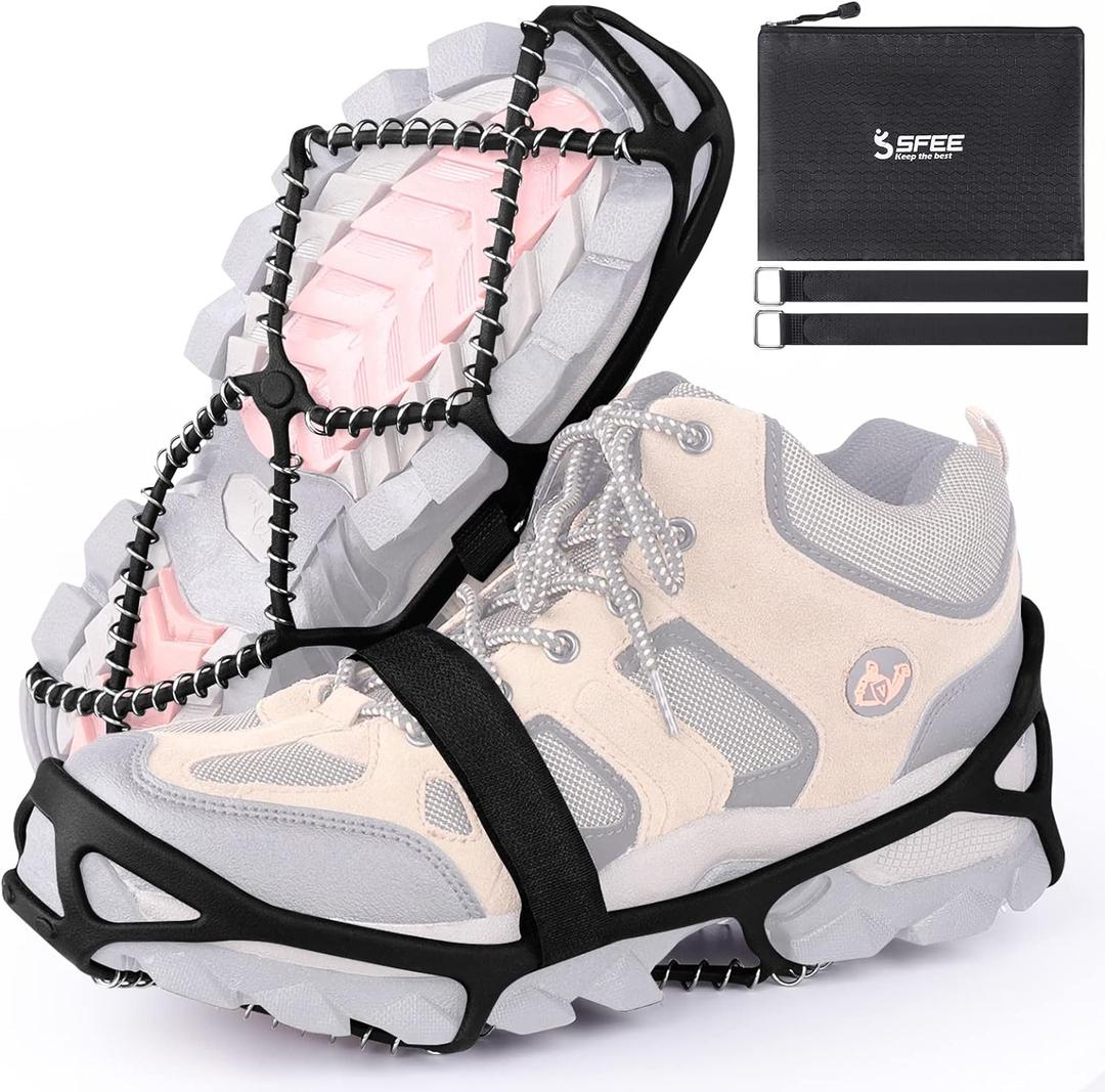 Sfee Ice Cleats for Walking on Ice Snow Grips Crampons Traction for Shoes/Boots, Anti-Slip Portable Flexible Footwear for Walking Climbing Hiking Fishing Outdoor Running with 2 Adjustable Straps (Medium, Black)