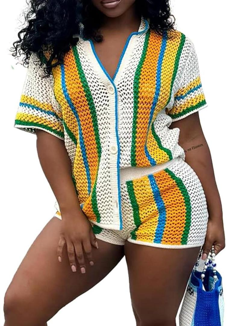 Summer 2 Piece Short Sets For Women Crochet Short Sleeve Shirt and Shorts Matching Set Vacation X-Large