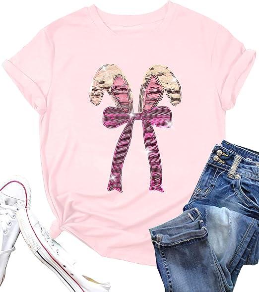 Easter Shirts for Women Happy Bunny Shirt Cute Rabbit Graphic Tee Funny Easter Gifts Short Sleeve Tops (L, Pink)