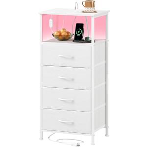 Somdot White Nightstand with Charging Station and LED Light for Bedroom, Tall 4 Drawers Dresser with Fabric Bins for Bedside Kids Dorm Room Closet Laundry Entryway, White Leather