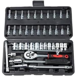 esahpss 46 Pieces Mechanic Tool Kit,1/4” Dr. Socket Ratchet Wrench Set Bit Sockets Extension Bar,Metric Mechanical Tool Kit for Auto Repairing Household