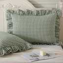 Aryeleay 2 Pack Sage Green White Plaid Gingham Ruffle Pillow Shams Standard Size, 100% Washed Cotton Checkered Farmhouse Pillow Covers for Bed/Sofa-20 x26