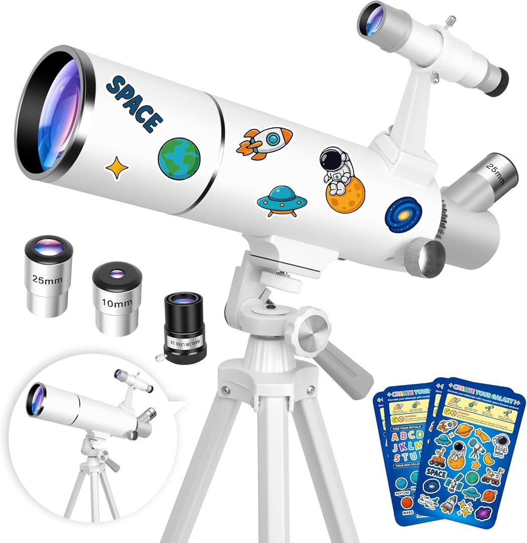 Hawkko Telescope for Adults & Kids  80mm Aperture 500mm Telescopes for Adults Astronomy, (20X-150X) Portable Refractor Telescope Kit for Beginners with Decorate Stickers, AZ Tripod, Phone Adapter
