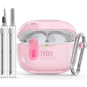 Wowwat for JBL Vibe 200TWS/JBL Vibe Beam Case with Lock,TPU Transparent Protective Case Cover for Men Women with Cleaner Kit and Keychain Compatible with JBL Vibe Beam 2 (2025) Clear Pink